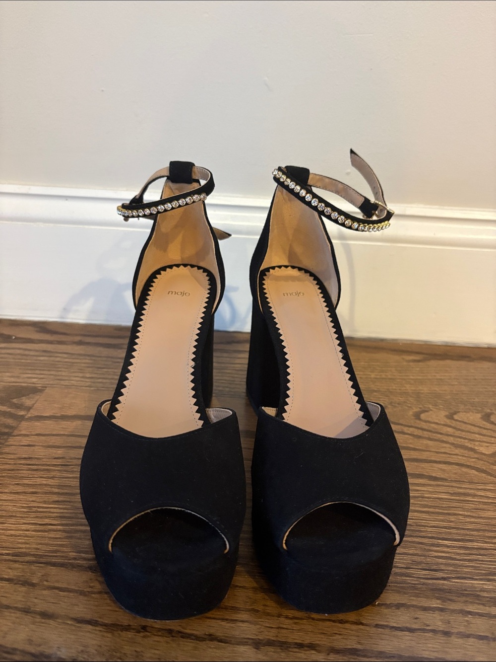 Maje Black Suede Crystal-Embellished Platform Sandals in Size 7